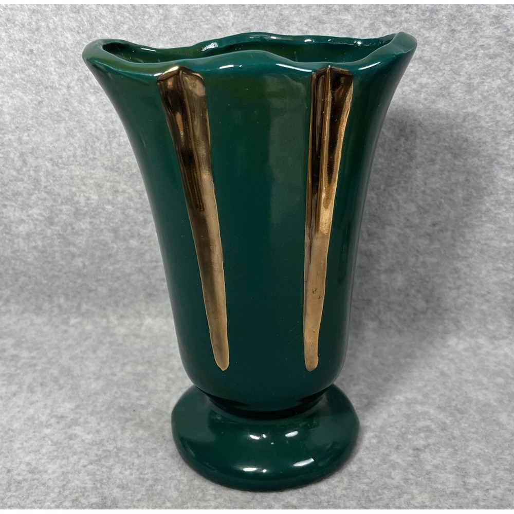VTG Green Ceramic Pedestal 12" Vase Gold Drip Glaze Fluted Rim Art Pottery Decor